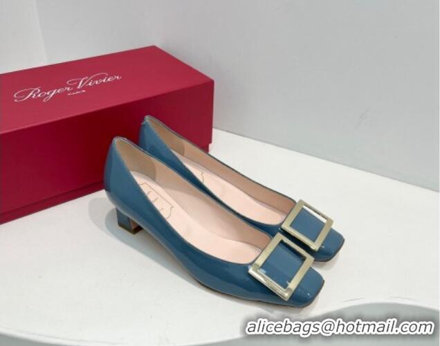 Sophisticated Roger Vivier Trompette Metal Buckle Pumps 4.5cm in Patent Leather Blue 611134