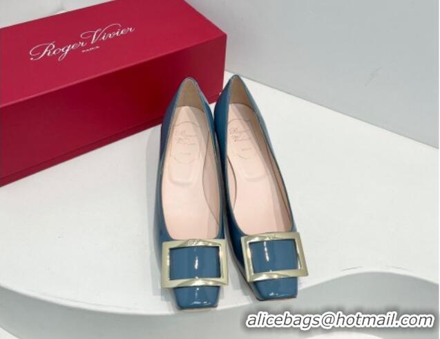 Sophisticated Roger Vivier Trompette Metal Buckle Pumps 4.5cm in Patent Leather Blue 611134