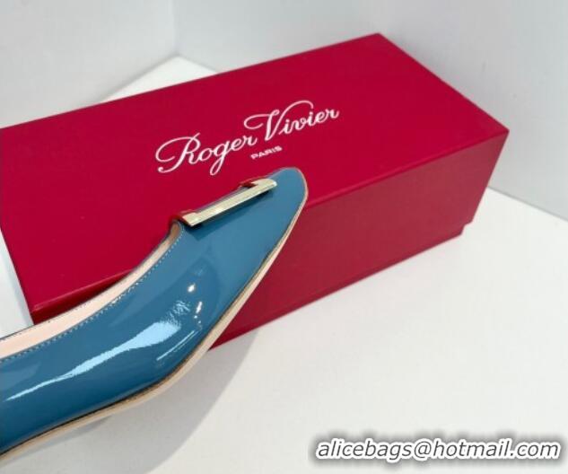 Sophisticated Roger Vivier Trompette Metal Buckle Pumps 4.5cm in Patent Leather Blue 611134