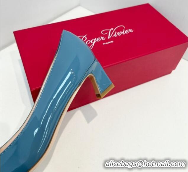 Sophisticated Roger Vivier Trompette Metal Buckle Pumps 4.5cm in Patent Leather Blue 611134