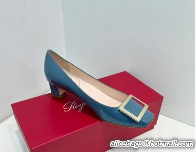 Sophisticated Roger Vivier Trompette Metal Buckle Pumps 4.5cm in Patent Leather Blue 611134