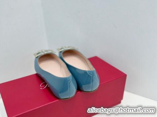 Unique Style Roger Vivier Trompette Metal Buckle Ballerinas Flat in Patent Leather Blue 611133