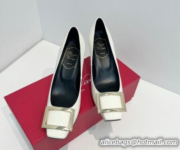 Luxury Roger Vivier Trompette Metal Buckle Pumps 7cm in Patent Leather White 611138