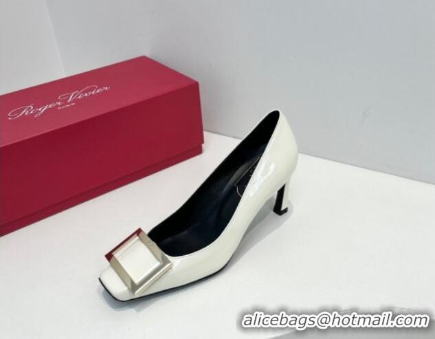 Luxury Roger Vivier Trompette Metal Buckle Pumps 7cm in Patent Leather White 611138