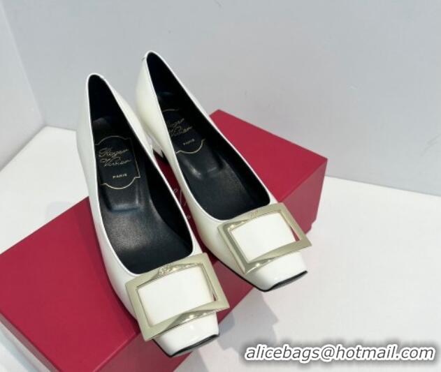 Best Product Roger Vivier Trompette Metal Buckle Pumps 4.5cm in Patent Leather White 611139