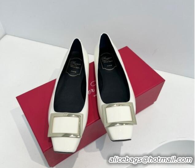 Low Price Roger Vivier Trompette Metal Buckle Ballerinas Flat in Patent Leather White 611140