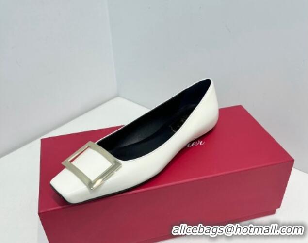 Low Price Roger Vivier Trompette Metal Buckle Ballerinas Flat in Patent Leather White 611140