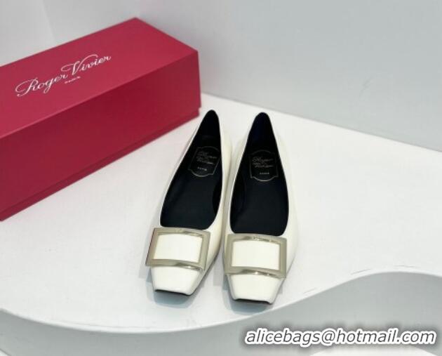 Low Price Roger Vivier Trompette Metal Buckle Ballerinas Flat in Patent Leather White 611140