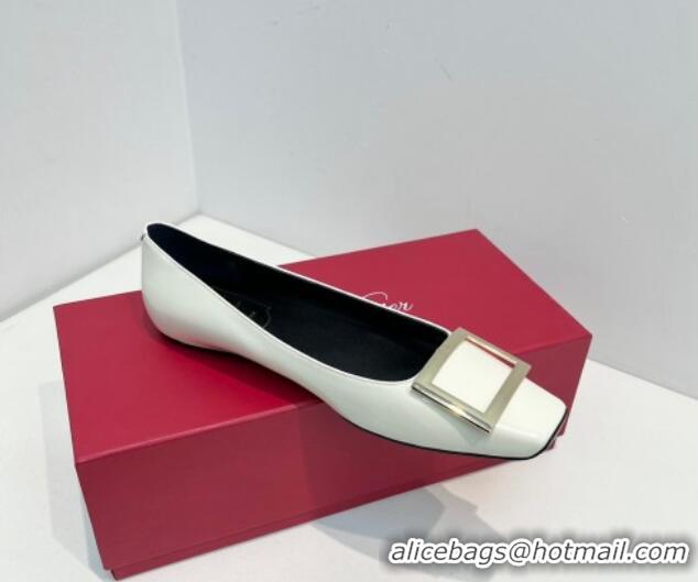 Low Price Roger Vivier Trompette Metal Buckle Ballerinas Flat in Patent Leather White 611140