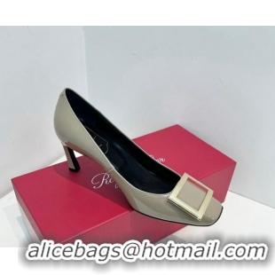 Top Design Roger Vivier Trompette Metal Buckle Pumps 7cm in Patent Leather Grey 611144