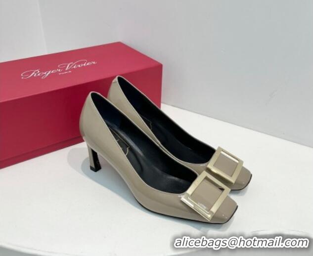 Top Design Roger Vivier Trompette Metal Buckle Pumps 7cm in Patent Leather Grey 611144