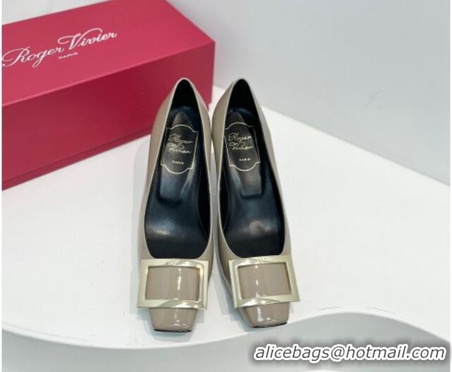 Top Design Roger Vivier Trompette Metal Buckle Pumps 7cm in Patent Leather Grey 611144