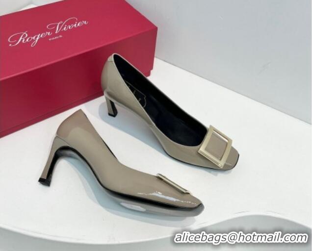 Top Design Roger Vivier Trompette Metal Buckle Pumps 7cm in Patent Leather Grey 611144