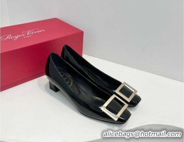 Best Grade Roger Vivier Trompette Metal Buckle Pumps 4.5cm in Patent Leather Black 611148