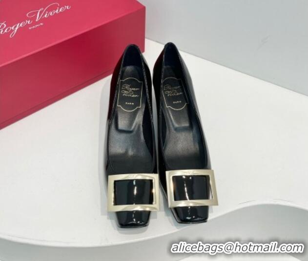 Best Grade Roger Vivier Trompette Metal Buckle Pumps 4.5cm in Patent Leather Black 611148