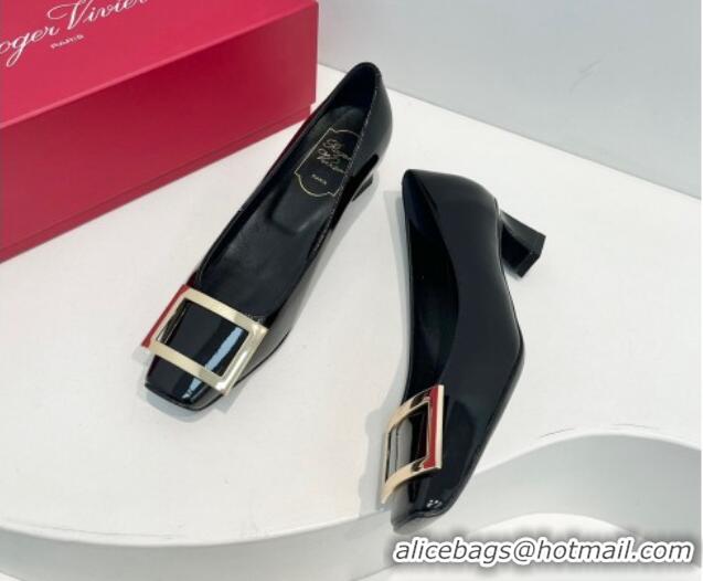 Best Grade Roger Vivier Trompette Metal Buckle Pumps 4.5cm in Patent Leather Black 611148