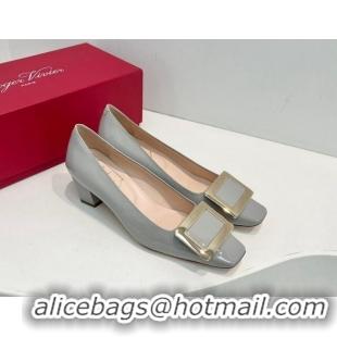 Low Price Roger Vivier Belle Vivier Metal Buckle Pumps 4.5cm in Patent Leather Light Grey 611154