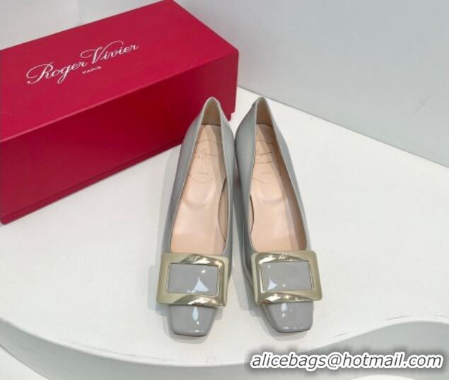 Low Price Roger Vivier Belle Vivier Metal Buckle Pumps 4.5cm in Patent Leather Light Grey 611154