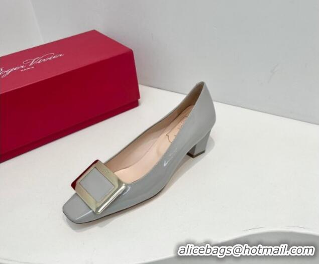 Low Price Roger Vivier Belle Vivier Metal Buckle Pumps 4.5cm in Patent Leather Light Grey 611154