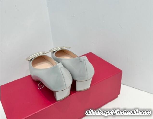 Low Price Roger Vivier Belle Vivier Metal Buckle Pumps 4.5cm in Patent Leather Light Grey 611154