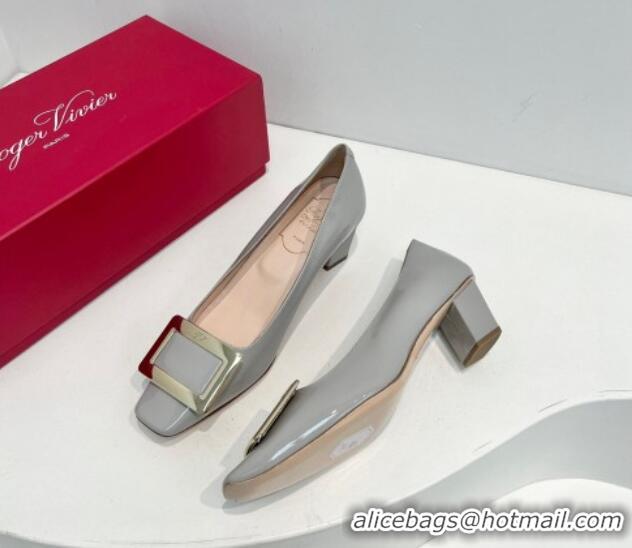 Low Price Roger Vivier Belle Vivier Metal Buckle Pumps 4.5cm in Patent Leather Light Grey 611154