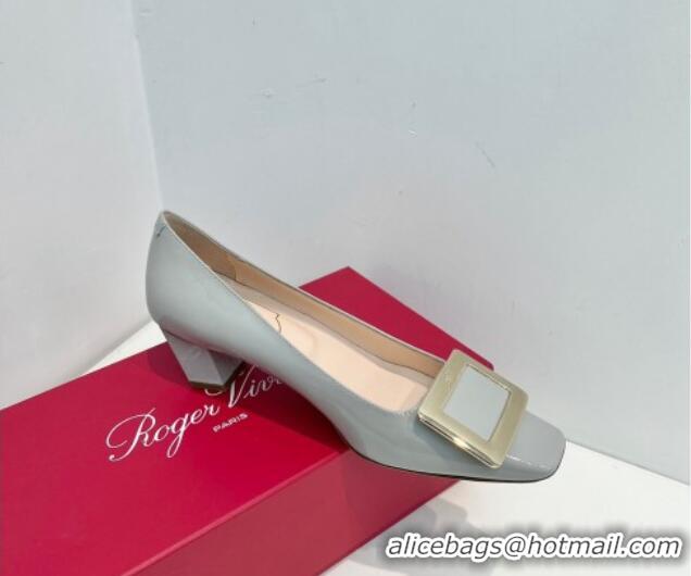 Low Price Roger Vivier Belle Vivier Metal Buckle Pumps 4.5cm in Patent Leather Light Grey 611154