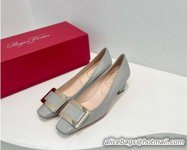 Low Price Roger Vivier Belle Vivier Metal Buckle Pumps 4.5cm in Patent Leather Light Grey 611154