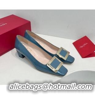 Good Looking Roger Vivier Belle Vivier Metal Buckle Pumps 4.5cm in Patent Leather Blue 611155