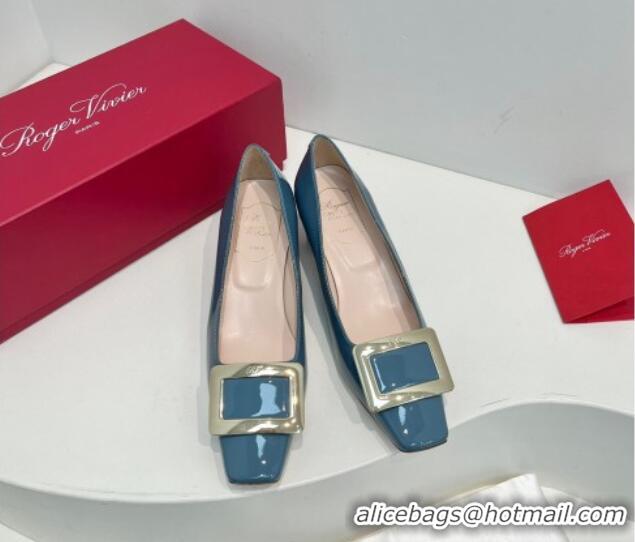 Good Looking Roger Vivier Belle Vivier Metal Buckle Pumps 4.5cm in Patent Leather Blue 611155