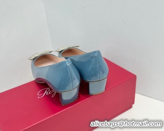 Good Looking Roger Vivier Belle Vivier Metal Buckle Pumps 4.5cm in Patent Leather Blue 611155