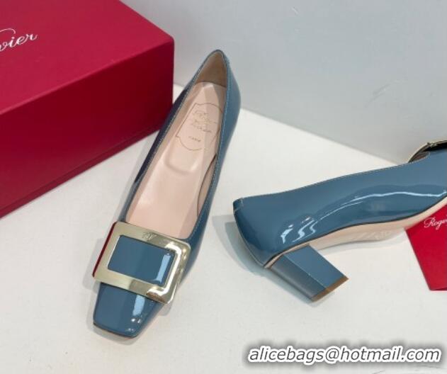 Good Looking Roger Vivier Belle Vivier Metal Buckle Pumps 4.5cm in Patent Leather Blue 611155