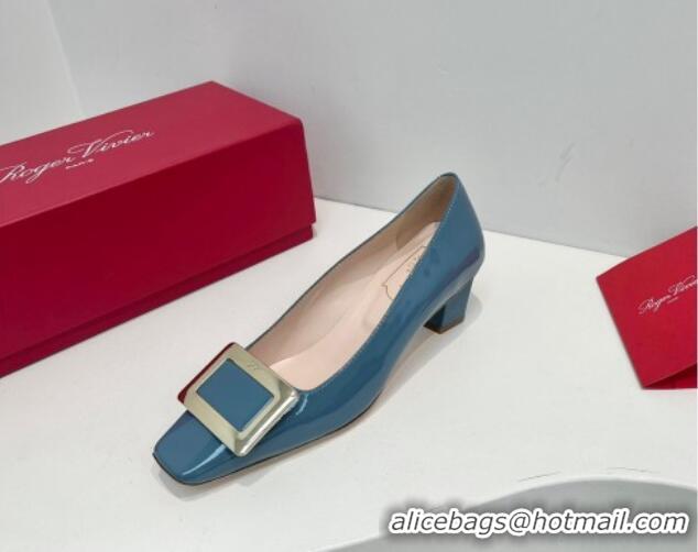 Good Looking Roger Vivier Belle Vivier Metal Buckle Pumps 4.5cm in Patent Leather Blue 611155