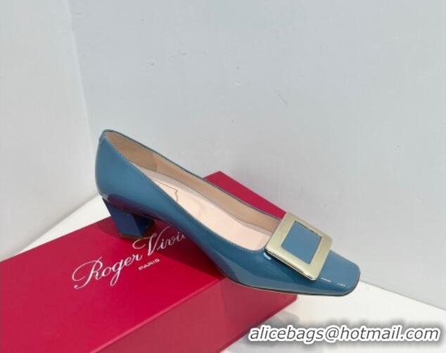 Good Looking Roger Vivier Belle Vivier Metal Buckle Pumps 4.5cm in Patent Leather Blue 611155