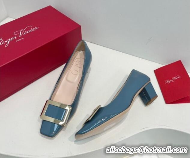 Good Looking Roger Vivier Belle Vivier Metal Buckle Pumps 4.5cm in Patent Leather Blue 611155