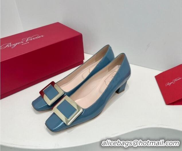 Good Looking Roger Vivier Belle Vivier Metal Buckle Pumps 4.5cm in Patent Leather Blue 611155