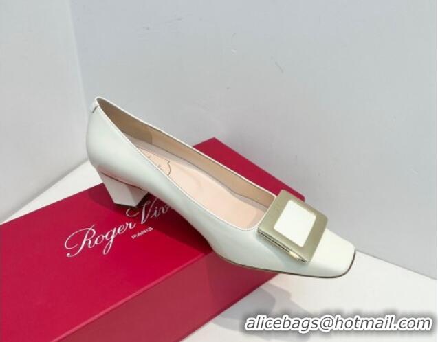 Buy Luxury Roger Vivier Belle Vivier Metal Buckle Pumps 4.5cm in Patent Leather White 611156