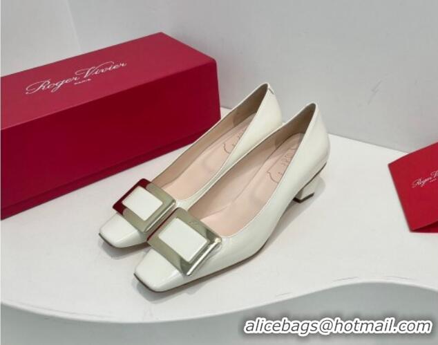 Buy Luxury Roger Vivier Belle Vivier Metal Buckle Pumps 4.5cm in Patent Leather White 611156