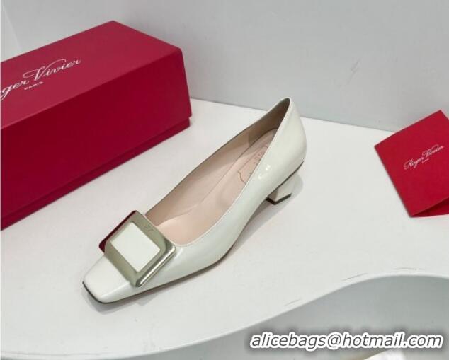 Buy Luxury Roger Vivier Belle Vivier Metal Buckle Pumps 4.5cm in Patent Leather White 611156