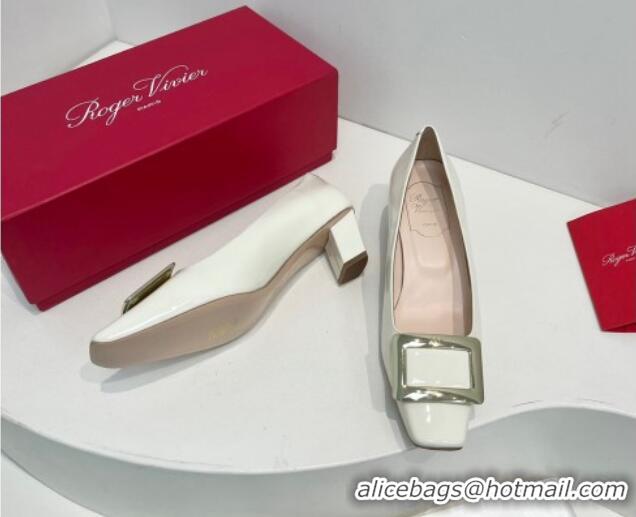 Buy Luxury Roger Vivier Belle Vivier Metal Buckle Pumps 4.5cm in Patent Leather White 611156