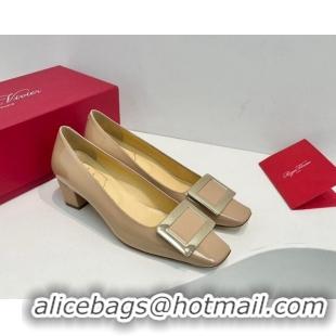 Pretty Style Roger Vivier Belle Vivier Metal Buckle Pumps 4.5cm in Patent Leather Beige 611158