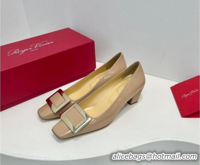 Pretty Style Roger Vivier Belle Vivier Metal Buckle Pumps 4.5cm in Patent Leather Beige 611158