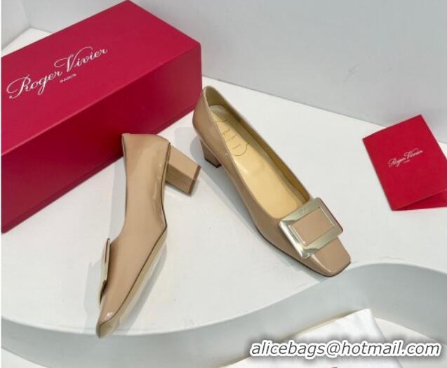 Pretty Style Roger Vivier Belle Vivier Metal Buckle Pumps 4.5cm in Patent Leather Beige 611158