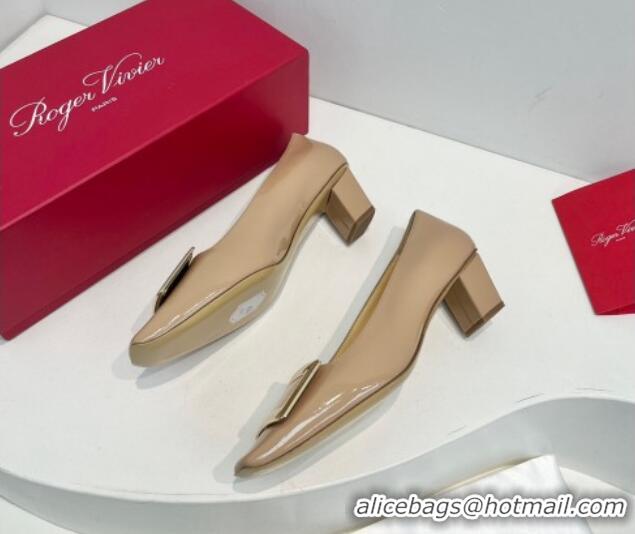 Pretty Style Roger Vivier Belle Vivier Metal Buckle Pumps 4.5cm in Patent Leather Beige 611158