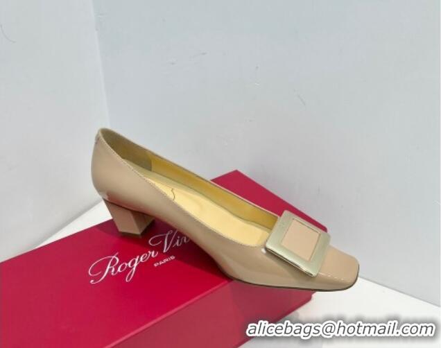 Pretty Style Roger Vivier Belle Vivier Metal Buckle Pumps 4.5cm in Patent Leather Beige 611158