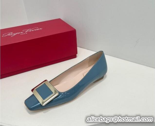 Best Price Roger Vivier Belle Vivier Metal Buckle Ballerinas Flat in Patent Leather Blue 611161