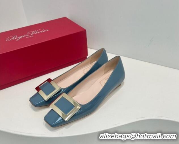 Best Price Roger Vivier Belle Vivier Metal Buckle Ballerinas Flat in Patent Leather Blue 611161