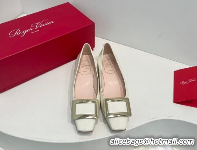 Luxurious Roger Vivier Belle Vivier Metal Buckle Ballerinas Flat in Patent Leather White 611162