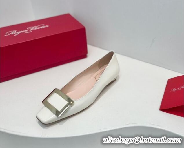 Luxurious Roger Vivier Belle Vivier Metal Buckle Ballerinas Flat in Patent Leather White 611162