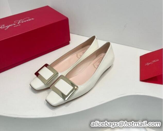 Luxurious Roger Vivier Belle Vivier Metal Buckle Ballerinas Flat in Patent Leather White 611162