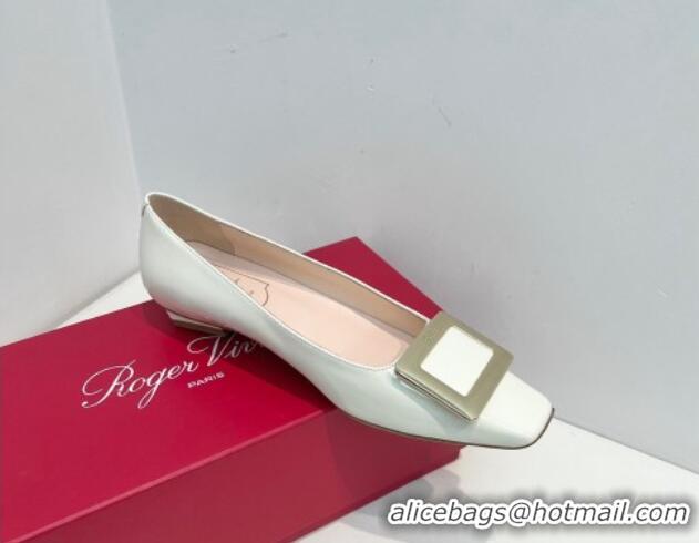 Luxurious Roger Vivier Belle Vivier Metal Buckle Ballerinas Flat in Patent Leather White 611162